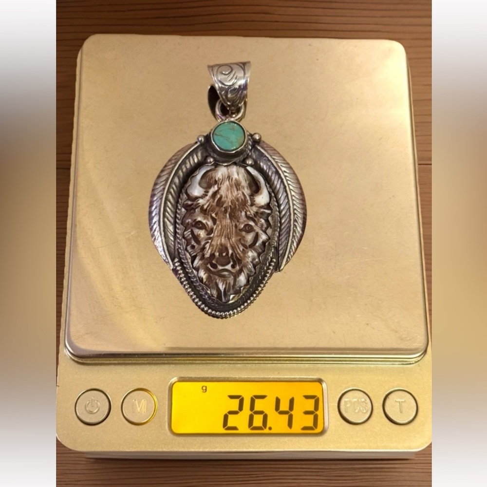 Hand Carved Bone Pendant,Bison Face Art,Green Turquoise & Silver,3”inch,26grams - Picture 9 of 9